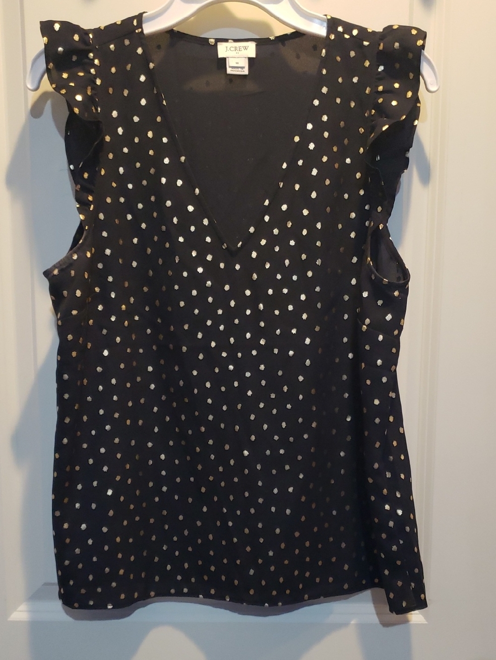 Black V-Neck Ruffle Cap Sleeve W/ Metallic Gold Dots